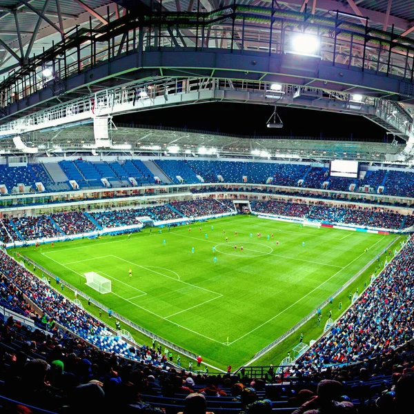 Foci Stadion Fényes Fények Kilátás Pályáról Foci Koncepció — Stock Fotó