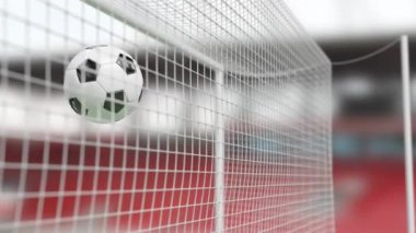 Gol ağındaki futbol topu. Futbol konsepti. 3d canlandırma