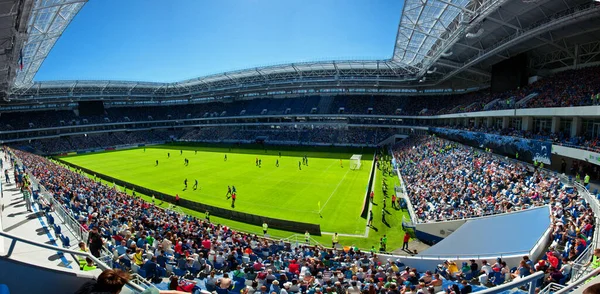 Futbol Stadyumu Parlak Işıklar Saha Manzarası Futbol Konsepti — Stok fotoğraf