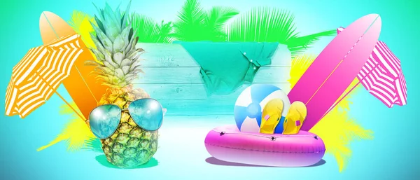 Concepto Vacaciones Verano Tropical Con Piña Divertida — Foto de Stock