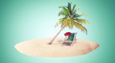 Denize yakın kumsalda ahşap şezlonglar. Tatil arkaplanı.