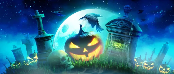 Halloween Achtergrond Met Pompoen Een Griezelige Nacht — Stockfoto