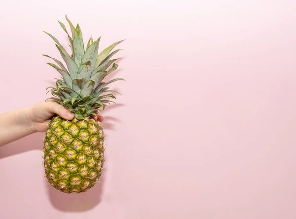 Close Photo Young Boy Holding Fresh Ripe Pineapple Fruit His — Stock Photo, Image