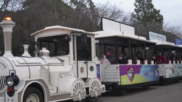 Trem Turístico Com Turistas Visitando Parque José Antonio Labordeta Zaragoza — Vídeo de Stock