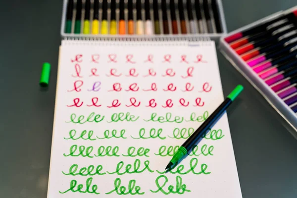 Close Notebook Guidelines Learning How Lettering Special Watercolour Markers Concept — Stock Photo, Image