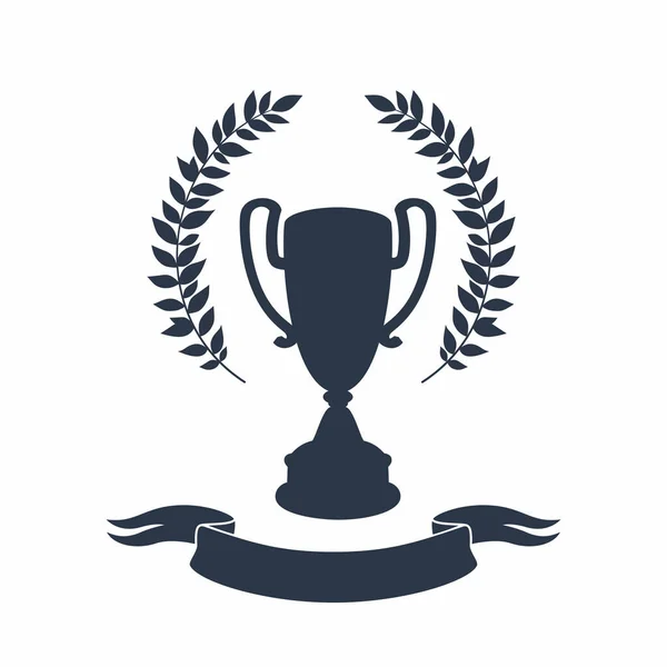 Kupa silueti. Beyaz zemin üzerinde defne çelengi ve kurdele olan ödül kupasının siyah silueti — Stok Vektör