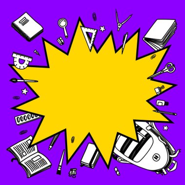 Okul vektör geçmişine dönelim. Çizgi film çizgi romanları boş patlama konuşma baloncuğu çizgili kırtasiye malzemesi.