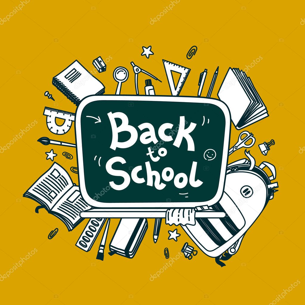 Back to school vector background. Line vector doodle illustration on yellow background.