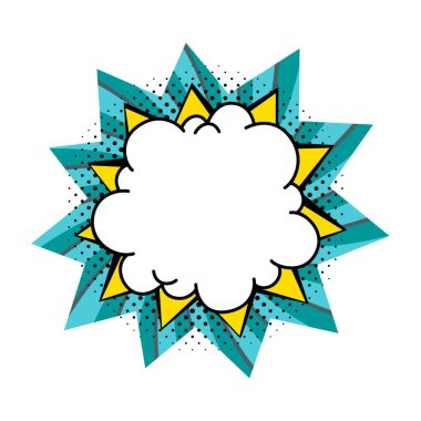 Çizgi roman patlaması balonu. Boş turkuaz ve sarı patlama konuşma baloncuğu Pop Art Style. Vektör illüstrasyonu.