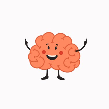 Happy Brain karakteri. Beyaz arka planda sevimli yüz simgesi olan insan beyni.