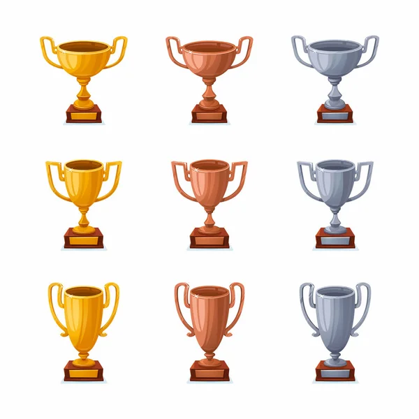 Gold, silver and Bronze trophy cups. Trophy award cups set with different shapes - 1st, 2nd and 3rd place winner trophies. Flat style vector illustration. — Stock Vector