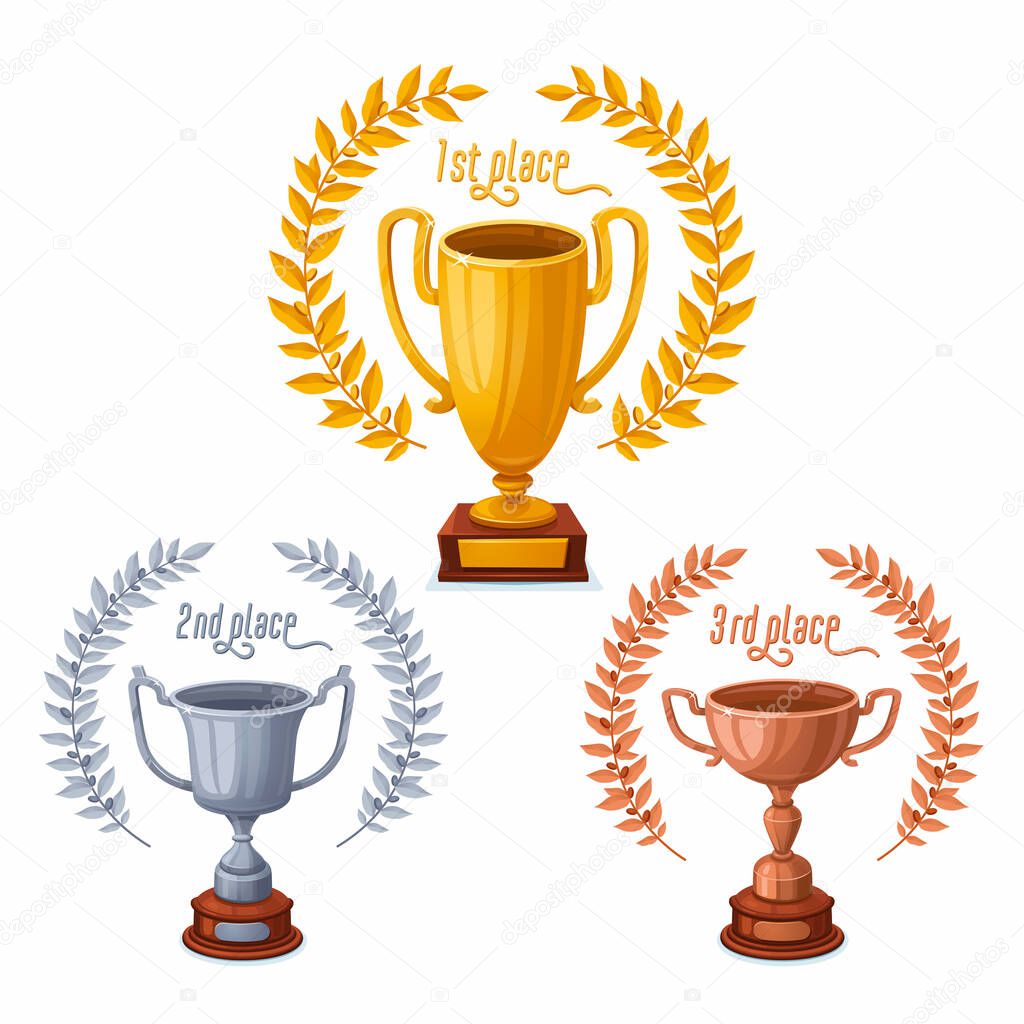 Gold, silver, and Bronze trophy cups with laurel wreaths. Trophy award cups set with different shapes - 1st, 2nd, and 3rd place winner trophies. Cartoon style vector illustration.