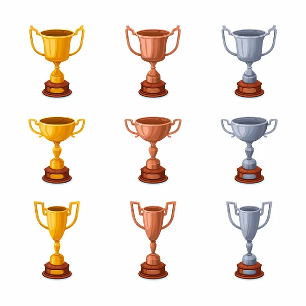 Guld, silver och brons trofékoppar. Trophy utmärkelse koppar som med olika former - 1: a, 2: a och 3: e plats vinnare troféer. Platt stil vektor illustration. — Stock vektor