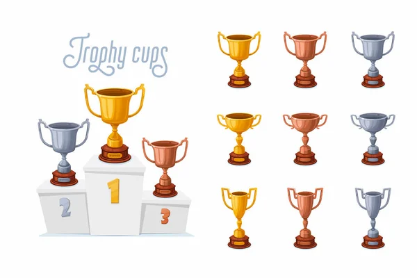 Trophy cups on a podium. Gold, silver, and bronze winner prize cups set with different shapes - 1st, 2nd, and 3rd place trophies on a white pedestal. Cartoon style vector illustration — Stock Vector