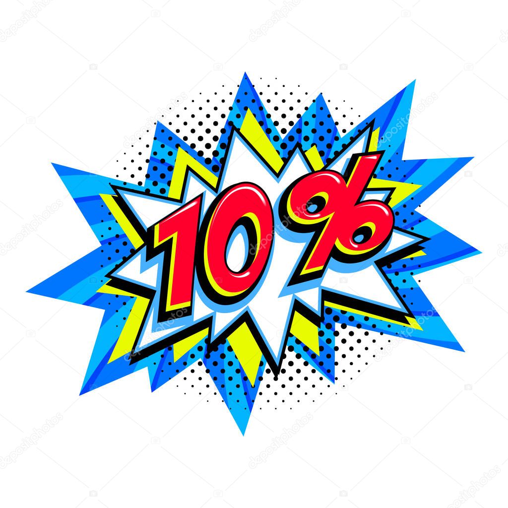 10 off sale. Comic blue sale bang balloon - Pop art style discount promotion banner. Vector illustration.