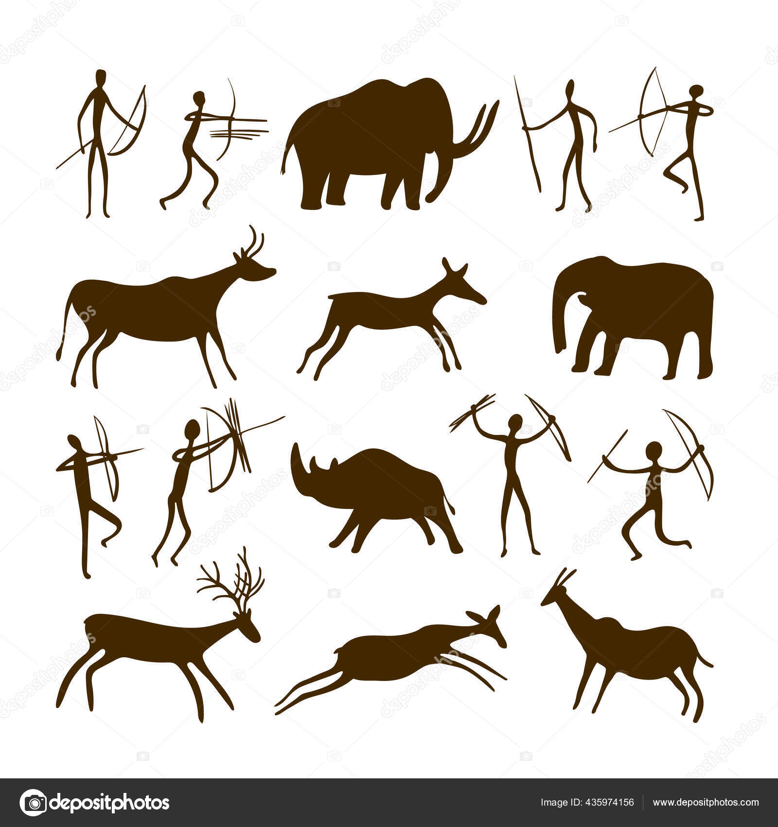 Cave paintings ancient handpainted petroglyphs. Various animals and