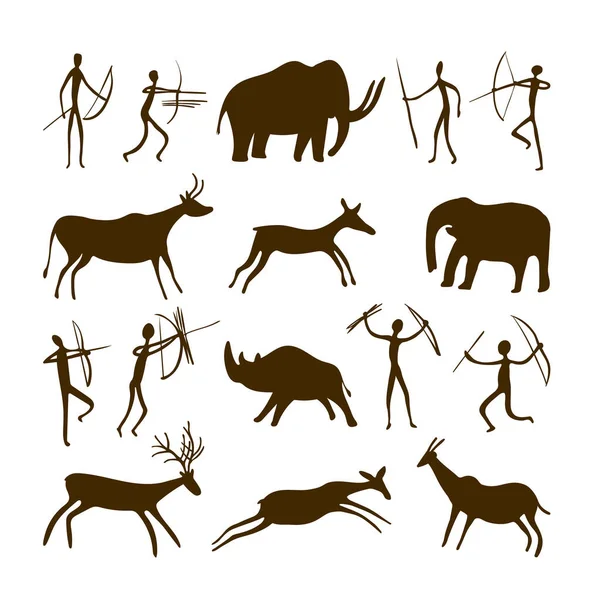 Pinturas de caverna - petroglifos pintados à mão antigos. Vários animais e caçadores em um estilo tribal primitivo. — Vetor de Stock