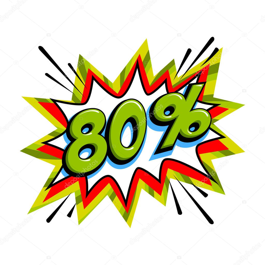 80 off sale. Comic green sale bang balloon - Pop art style discount promotion banner. Vector illustration.