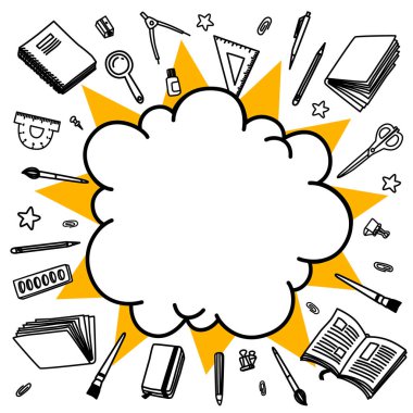 Okul vektör geçmişine dönelim. Çizgi film çizgi romanları boş patlama konuşma baloncuğu çizgili kırtasiye malzemesi.