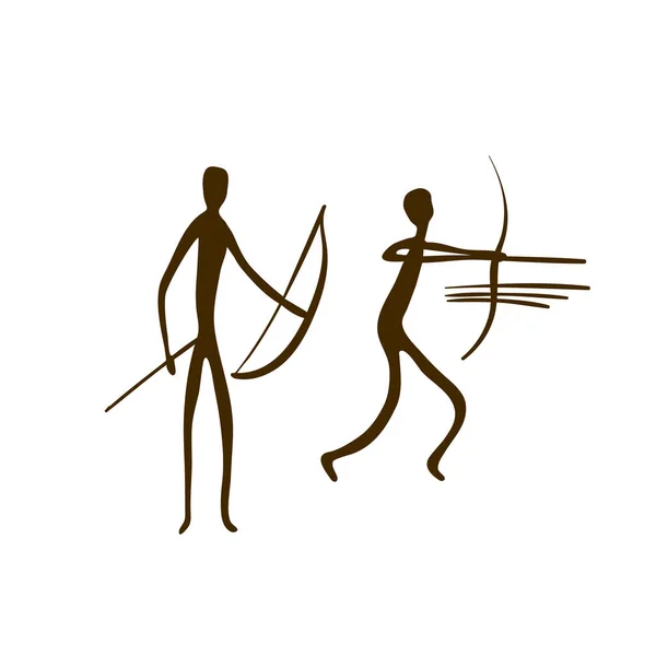 Pinturas de caverna - petroglifos pintados à mão antigos. Vários animais e caçadores em um estilo tribal. — Vetor de Stock