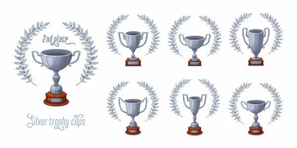 Defne çelenkleriyle gümüş kupalar. Farklı şekillerde ödüllendirilmiş kupa ödülleri, ikincilik ödülleri. Çizgi film biçimi vektör illüstrasyonu — Stok Vektör
