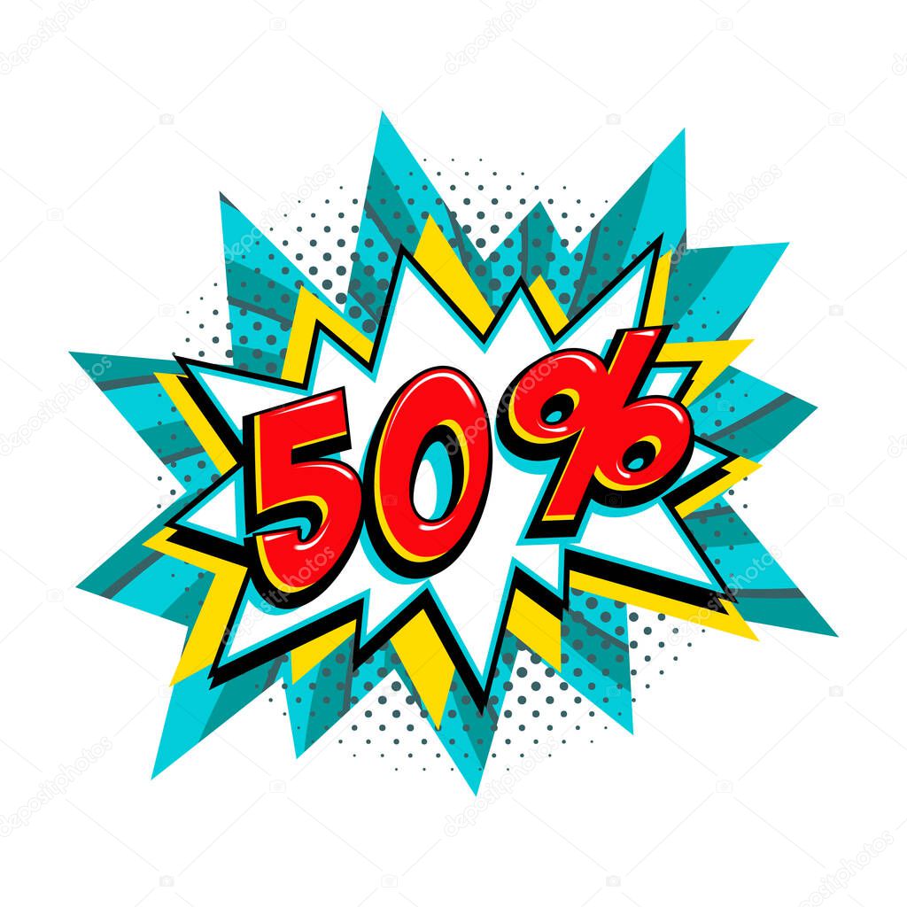 50 off sale. Comic turquoise sale bang balloon - Pop art style discount promotion banner. Vector illustration.
