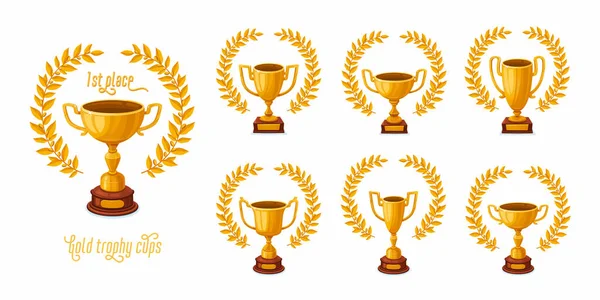 Złote puchary z wieńcami laurowymi. Puchary nagród Trophy zestaw o różnych kształtach - 1 miejsce zwycięzców trofeów. Ilustracja wektor stylu kreskówki — Wektor stockowy