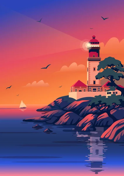 Farol - paisagem vetorial. Paisagem marinha com farol na praia ao pôr do sol. Ilustração vetorial em estilo de desenho animado plano — Vetor de Stock