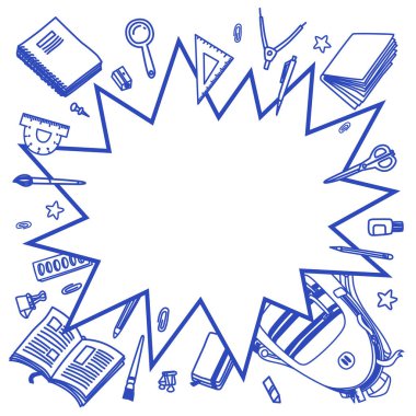 Okul vektör geçmişine dönelim. Çizgi film karikatürleri, yarım yamalak kırtasiyeli konuşma balonu.