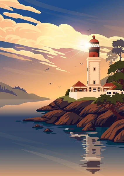 Farol - paisagem vetorial. Paisagem marinha com farol na praia ao pôr do sol. Ilustração vetorial em estilo de desenho animado plano — Vetor de Stock