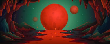Mars - vektör karikatür arka planı. Yeraltı lav nehri ve kızıl gezegenleri olan Marslı mağara manzarası. Çizgi film tarzında vektör illüstrasyonu.