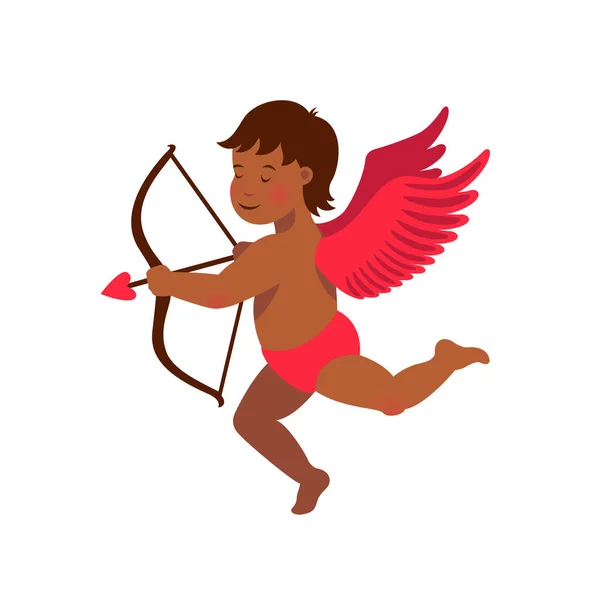 Carino Cupido nero con arco e freccia - biglietto d'auguri per il giorno dell'amore. Illustrazione vettoriale. — Vettoriale Stock