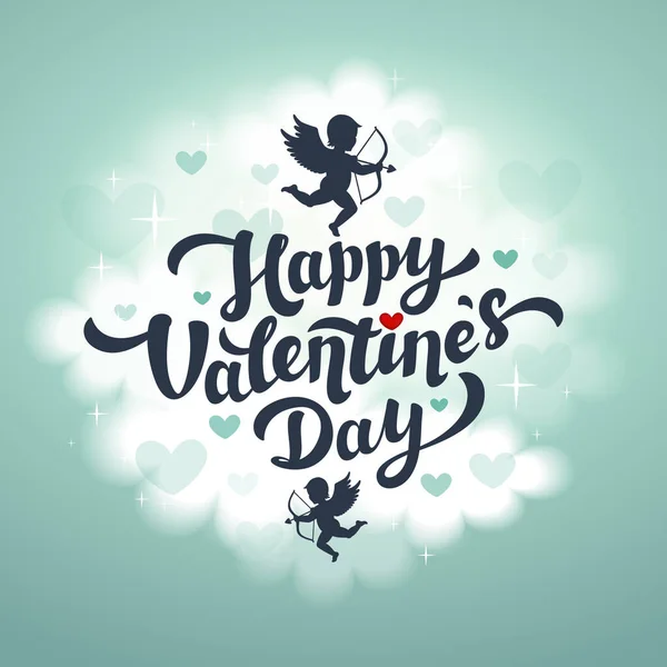 Buon San Valentino biglietto di auguri - biglietto vettoriale giorno d'amore o poster con cupidi tra le nuvole. Illustrazione vettoriale. — Vettoriale Stock