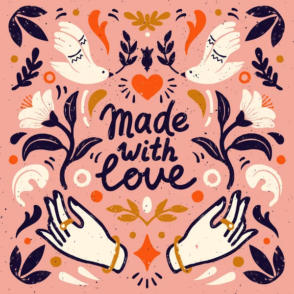 Made with love symmetric vector composition - vintage elements in stamp style on pink backgtound. Vintage vector illustration for banners and cards. — Stock Illustration Made with love symmetric vector composition - vintage elements in stamp style on pink backgtound. Vintage vector illustration for banners and cards. Stock Vector