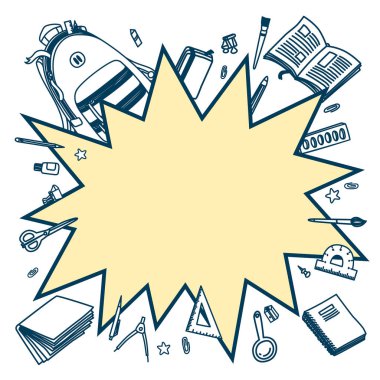 Okul vektör geçmişine dönelim. Çizgi film çizgi romanları boş patlama konuşma baloncuğu çizgili kırtasiye malzemesi.