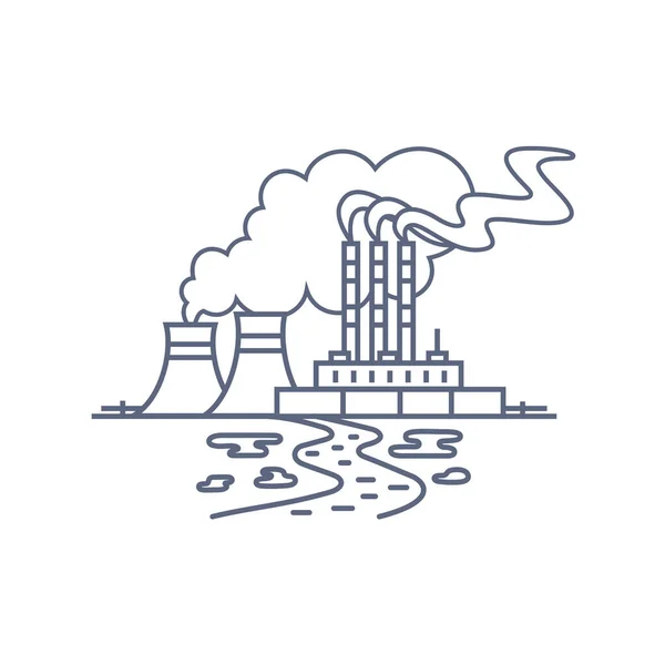 Thermal power plant line icon. Thermoelectric power station with smoke from chimneys and traces of soil and water pollution. Vector linear illustration on white background.. — Stock Vector