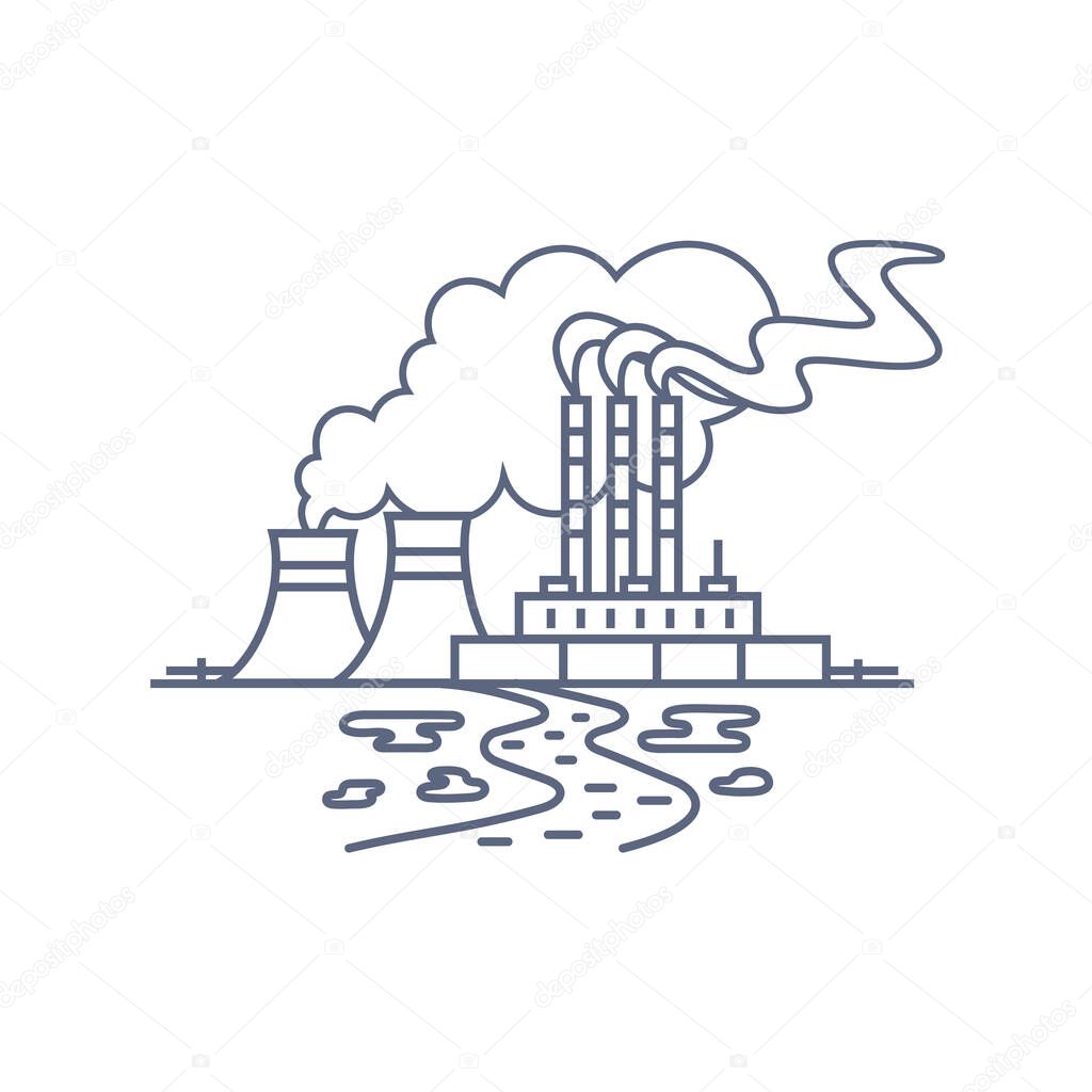 Thermal power plant line icon. Thermoelectric power station with smoke from chimneys and traces of soil and water pollution. Vector linear illustration on white background..