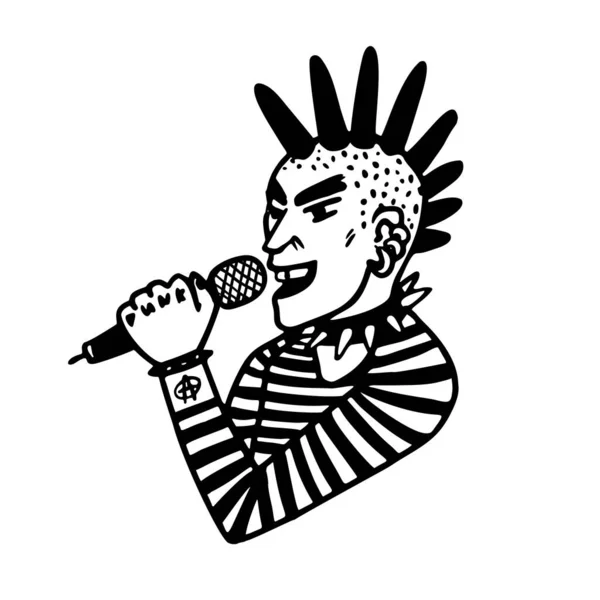 Coleção punk rock. Retrato de um cantor punk roqueiro com mohawk e microfone em fundo branco. Ilustração vetorial. — Vetor de Stock