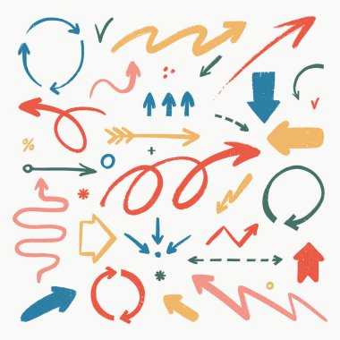 Soyut ok simgeleri ayarlandı. Değişik şekillerde, grunge desenli karalama okları. El çizimi soyut bilgi vektörü koleksiyonu.