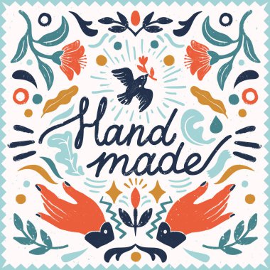 El yapımı simetrik vektör bileşimi - pul biçiminde vintage elementler ve el yapımı harflerle dikiş makinesi. Pankartlar ve pankartlar için vintage vektör illüstrasyonu.