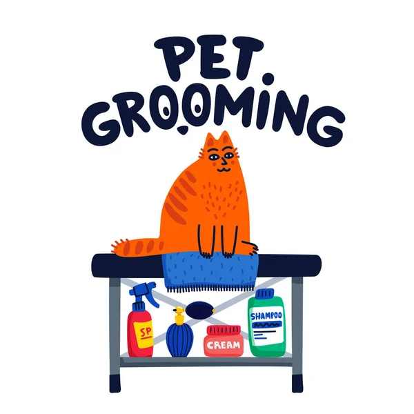 ペットグルーミングの概念。猫の世話、グルーミング、衛生、健康。ペットショップ、アクセサリー。白い背景のフラットスタイルベクトルイラスト. — ストックベクタ