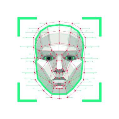 Yüz Tanıma Sistemi kavramı. Yüz Kimlik doğrulama hizmetleri veya biyometrik tarama. Kimlik tanımlama sistemi için yüz tanıma sistemi. Vektör illüstrasyonu.