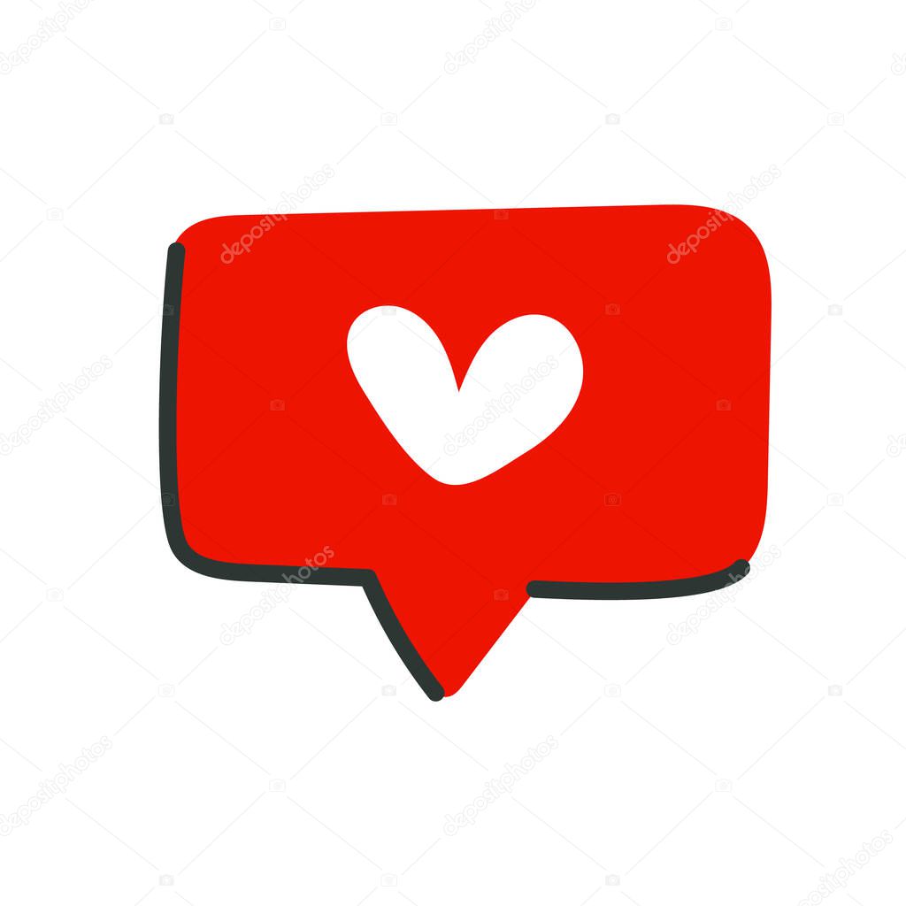 Like icon in flat cartoon style. Heart icon on a red Talk bubble speech. Social media post design. Vector illustration.