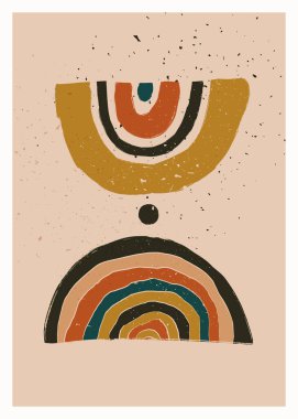 Soyut sanat minimalist posteri. Duvar dekorasyonu için İskandinav soyut geometrik kompozisyonu doğal toprak renkleriyle. Elle boyanmış vektör illüstrasyonu