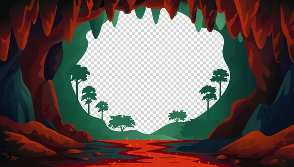 Paisagem vetorial da selva. Paisagem de cavernas com um rio vermelho subterrâneo e floresta. Ilustração vetorial em estilo de desenho animado plano — Vetor de Stock