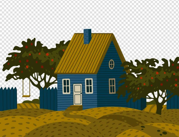 Voorstedelijke woning - dacha. Landelijk landschap met blauw schuurhuis in rustieke stijl en groene fruittuin — Stockvector