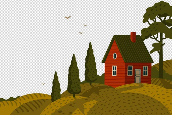 Casa de fazenda vermelha. Paisagem rural com casa de celeiro em estilo rústico no campo verde com ciprestes — Vetor de Stock
