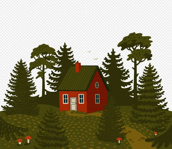 Forest landscape. Woods landscape with Red cabin — Stock Vector