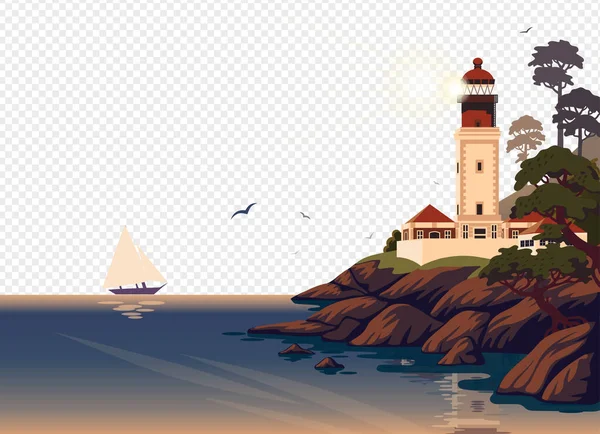 Векторный пейзаж маяка. Красивый морской пейзаж с маяком на скале на прозрачном фоне. Векторная иллюстрация в плоском стиле мультфильма — стоковый вектор