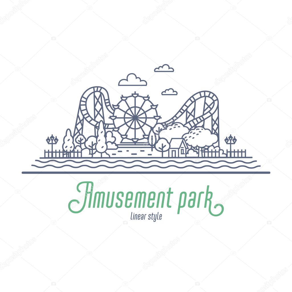 Amusement park thin line vector illustration. Ferris wheel and roller coaster in the park. Outline style vector illustration on white background.